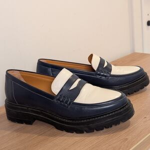 Sezane Dark Blue and Cream Loafers
